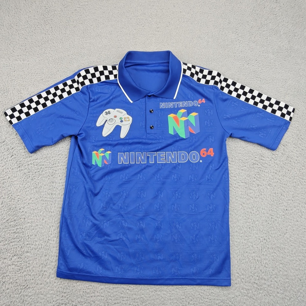 Vintage Nintendo 64 Polo Shirt Mens Medium‎ Blue Controller Checkered 96 90s